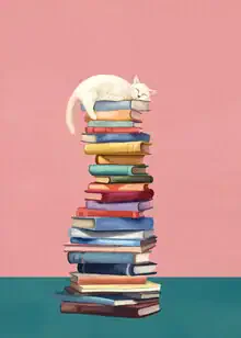 Illustration einer süßen Katze, die auf einem Bücherstapel träumt