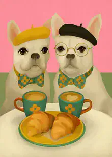 Witzige Illustration von Bulldoggen, die gemütlich in einem Frühstückscafé sitzen.