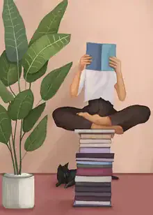 Illustration of a woman with books, encouraging meditation in a calm room.