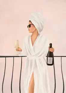 Illustration of a relaxed woman with champagne on a balcony in morning tranquility