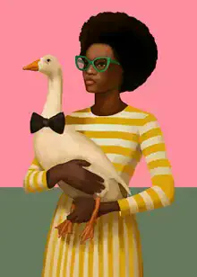 Illustration of a stylish woman holding a goose in a striped dress