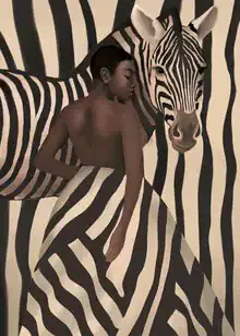 Illustration of a woman with a zebra in bold stripes, radiating calm and elegance.