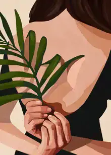 Wall art by Branka Kodžoman: stylish depiction of a woman with a leaf in the background