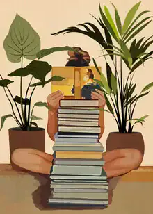 Illustration of a woman reading in a cozy room surrounded by plants.