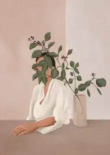 Illustration by Branka Kodžoman: Woman behind leaves, elegant and calm mood.