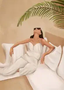 Illustration by Branka Kodžoman: Woman in a white dress enjoying summer heat under palm trees.