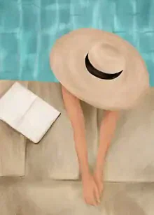 Illustration by Branka Kodžoman: woman by the pool with a book and sun hat, relaxed mood.
