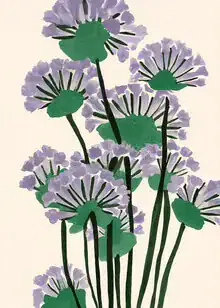 Handgemalte Illustration eines modernen Lavendelgartens mit sanften Farben und organischen Formen