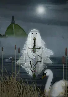 Photo art by Katherine Blower: swans at twilight over calm water