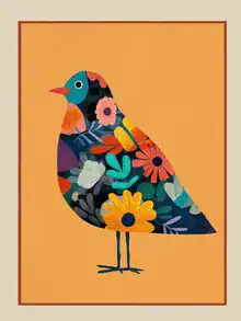Verspielte Illustration eines bunten Vogels vor gelbem Hintergrund.