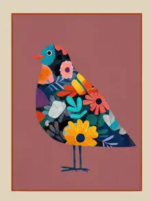 Illustration von Branka Kodžoman: ein verspielter Vogel umgeben von bunten Blumen.