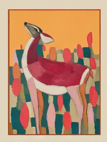 Illustration von Branka Kodžoman: Karmesinrotes Reh im Wald, sanfte Farben und ruhige Stimmung.