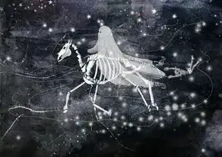 Photo art by Katherine Blower: ghostly horse with skeleton at night