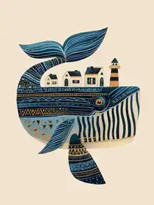 Wall art by Branka Kodžoman: playful village on a whale in the ocean.