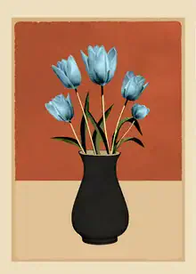 Illustration by Branka Kodžoman: blue tulips in a vase, soft colors and minimalist style