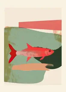 Abstract illustration of a red fish in calm green and teal tones