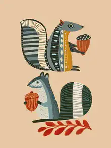Illustration by Branka Kodžoman: two squirrels in a colorful autumn forest.