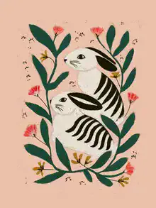 Wall art depicting hares among colorful flowers, creating a cheerful and whimsical mood.