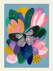 Whimsical illustration of a butterfly bloom in vibrant colors by Branka Kodžoman.