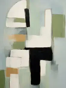 Abstract wall art featuring geometric shapes in soft colors.