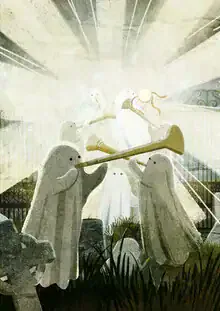Wall art by Katherine Blower: playful ghost in a graveyard setting