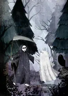 Cheerful illustration of a small ghost by Katherine Blower radiating a friendly vibe.