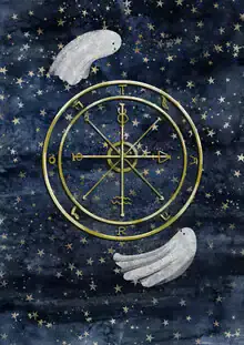 Wall art featuring a cute little ghost joyfully dancing in a wheel of the year.