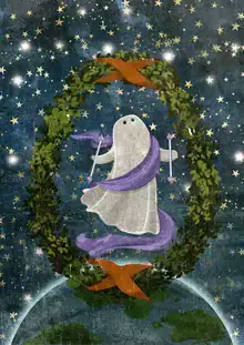Wall art by Katherine Blower: playful little ghost in a colorful, cheerful setting