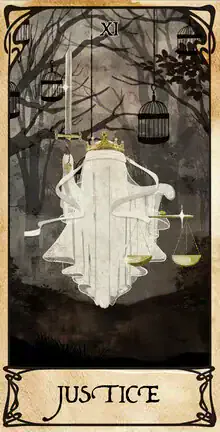 Playful illustration of a tarot card featuring a cute ghost in the foreground.