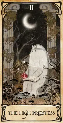 Wall art by Katherine Blower: Illustration of a high priestess with a cute ghost