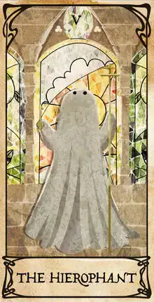 Illustration by Katherine Blower: cute spirit in a church, cheerful atmosphere.