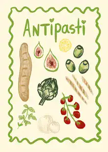Illustration von Jacky Eitzert: bunte Antipasti auf einem Teller