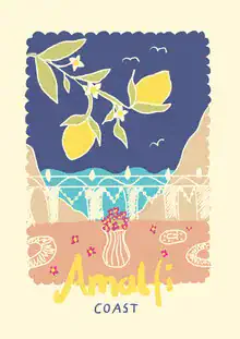 Bunte Illustration eines Balkons mit Zitronen und Blick auf die Amalfi-Küste