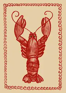 Illustration eines Aragosta-Hummers in lebhaften Farben, fröhliche Stimmung.