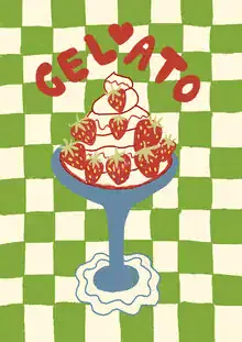 Buntes Wandbild von Jacky Eitzert: Eisbecher mit Erdbeeren und Schachbrettmuster