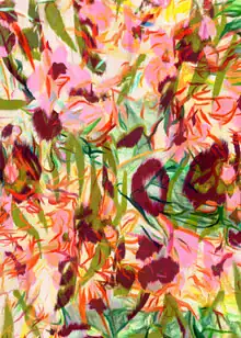 Wall art featuring a vibrant garden landscape filled with flowers and plants.