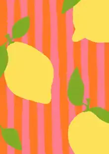 Illustration mit gestreiften Zitronen in Pink, Orange und Gelb, fröhlicher Sommerstil