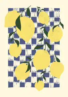 Illustration von Zitronen mit blau-weißem Karomuster, fröhliche Sommerstimmung