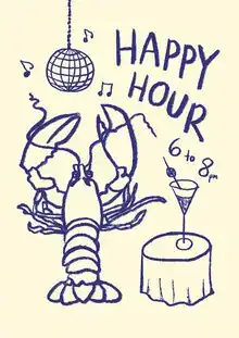Illustration von Jacky Eitzert: fröhliche Happy Hour mit bunten Drinks und Musik.