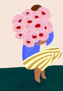 Illustration einer Frau mit Blumenstrauß, die in sanften Farben strahlt.