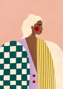 Illustration einer Frau in verspielter Bluse, mit elegantem und quirkigem Stil.