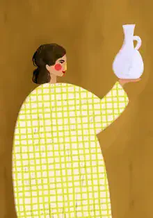 Illustration einer Frau mit einer eleganten Vase in sanften Gelbtönen.
