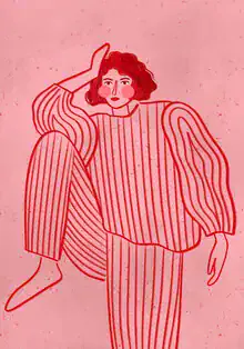 Illustration einer Frau im gestreiften Pyjama, sanfte Linien und entspannte Stimmung.