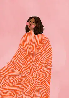 Illustration einer Frau mit Wirbelmustern in warmen Orange- und Pink-Tönen