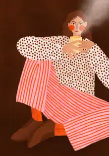 Illustration einer Frau mit Teetasse, gemütliche Atmosphäre in sanften Farben.
