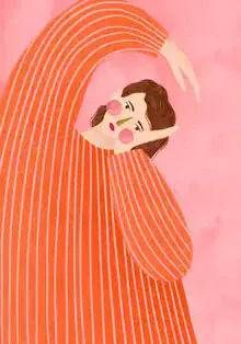 Illustration einer Frau im orangen Kleid, elegant und stilvoll, minimalistisch gestaltet.