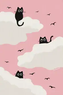 Illustration by Jonas Loose: playful cats under a pink sky