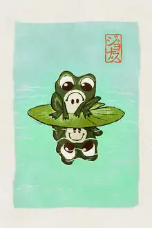 Illustration eines Frosches auf einem Seerosenblatt, verspielte und ruhige Stimmung.