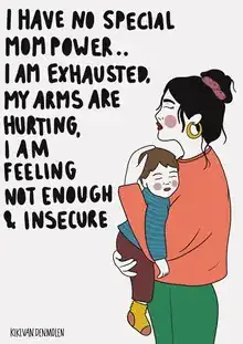 Illustration by Kiki Van Den Molen: mother with empowering symbols of strength.