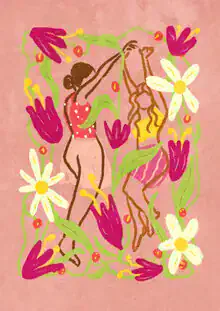 Colorful illustration by Raissa Oltmanns: dancing figures in spring among flowers.